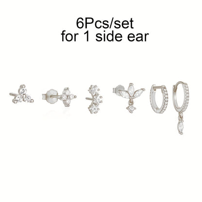 6pcs 18K Gold Plated Cubic Synthetic Zirconia Earrings for women - Cubic Synthetic Zirconia Flower Earrings with Hoop & Dangle, Wedding & Party Jewelry, 6pcs Year-Round Wear, Cute Minimalist CZ Accessories (Studs & Hoops) 6pcs-Set