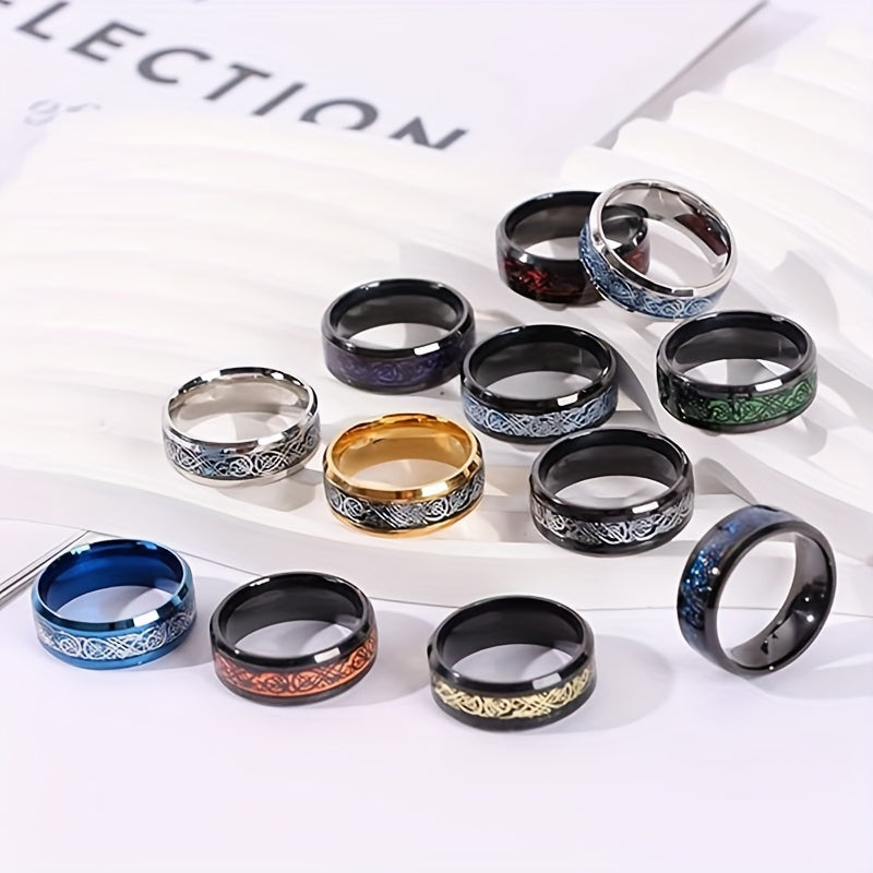 12pcs of 8mm 201 Stainless Steel rings for men and women, Celtic dragon beveled Celtic black ring, 201 Stainless Steel Golden wedding ring set size 7-13, non precious metal