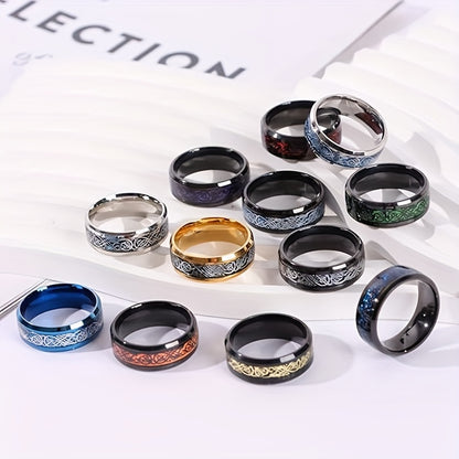 12pcs of 8mm 201 Stainless Steel rings for men and women, Celtic dragon beveled Celtic black ring, 201 Stainless Steel Golden wedding ring set size 7-13, non precious metal