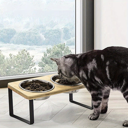 Raised Cat Food Bowl Elevated Feeder with 2 Stainless Steel Bowls – 15° Tilted Double Dish Feeding Station for Indoor Cats, 33x16x12cm