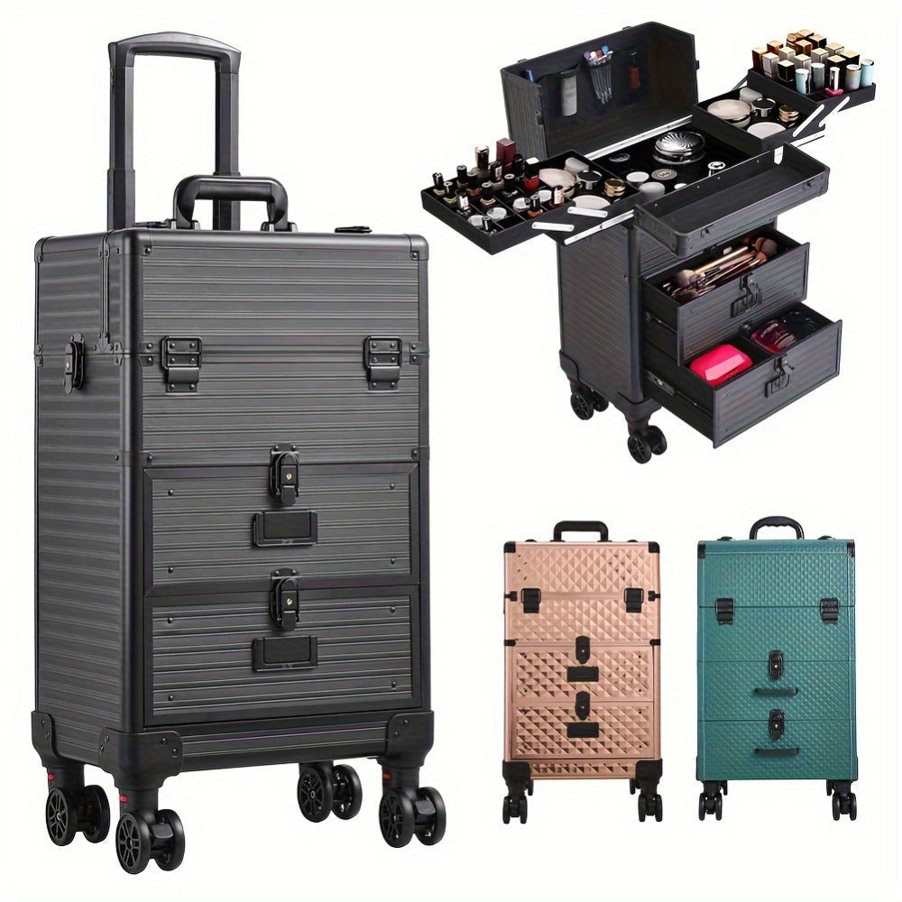 Large 3-in-1 Makeup Trolley Case – Professional Hairdressing Vanity Beauty Box with Wheels, PU Aluminium Frame Cosmetic Storage, 37x25x56cm, Rose Gold & Black