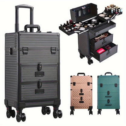 Large 3-in-1 Makeup Trolley Case – Professional Hairdressing Vanity Beauty Box with Wheels, PU Aluminium Frame Cosmetic Storage, 37x25x56cm, Rose Gold & Black