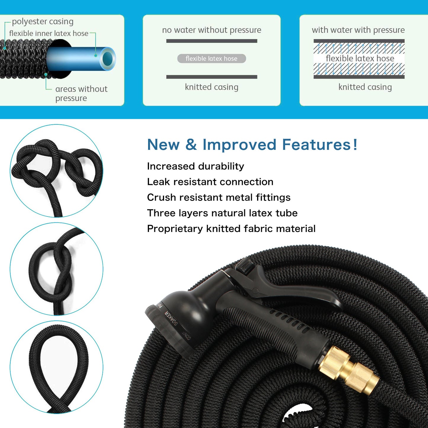 50FT/75FT/100FT Expandable Flexible Garden Hose Magic Hose Pipes Car Washing Gardening Hose with 7 Setting Professional Water Spray Nozzle Gun Expandable Hose Garden Hoses, Black