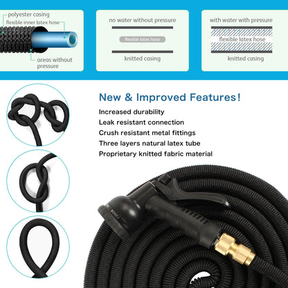 50FT/75FT/100FT Expandable Flexible Garden Hose Magic Hose Pipes Car Washing Gardening Hose with 7 Setting Professional Water Spray Nozzle Gun Expandable Hose Garden Hoses, Black