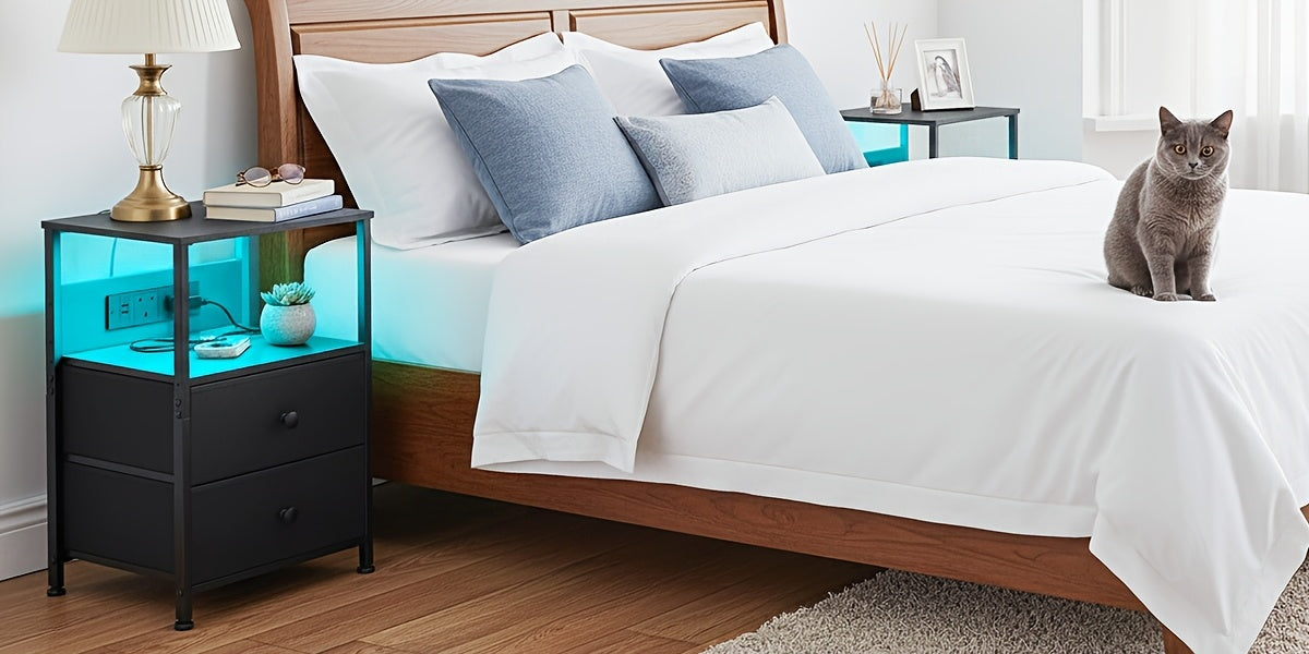AMHANCIBLE 1/2pcs Bedside Table with 2 Fabric Drawers, End Table with LED Lighting And Charging Station, Side Table for Bedroom, Living Room, Hallway, Easy Assembly