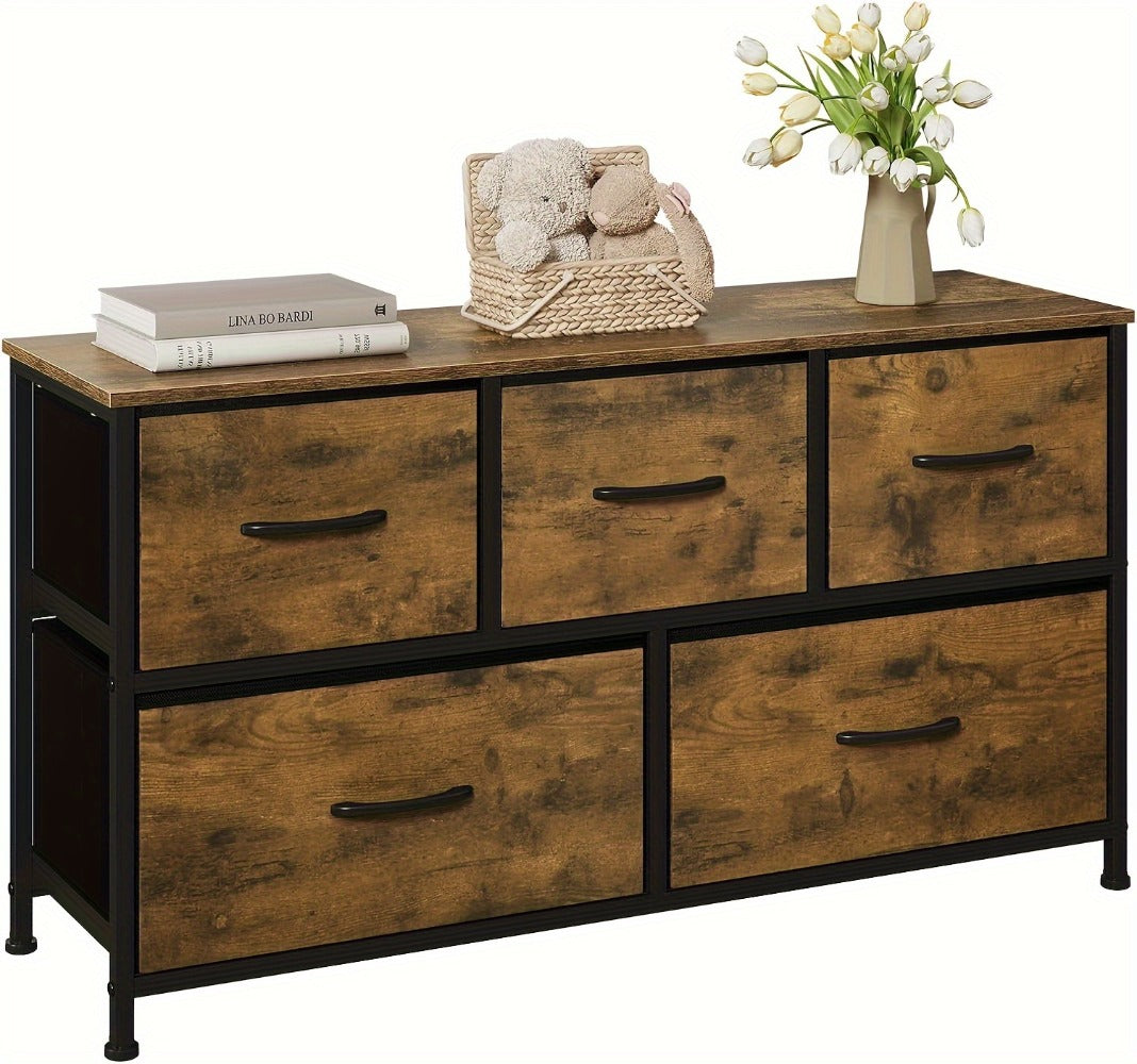 5-Drawer Fabric Chest of Drawers with Metal Frame – Vintage Wood Look Sideboard & TV Cabinet for Living Room, Bedroom & Hallway, Black