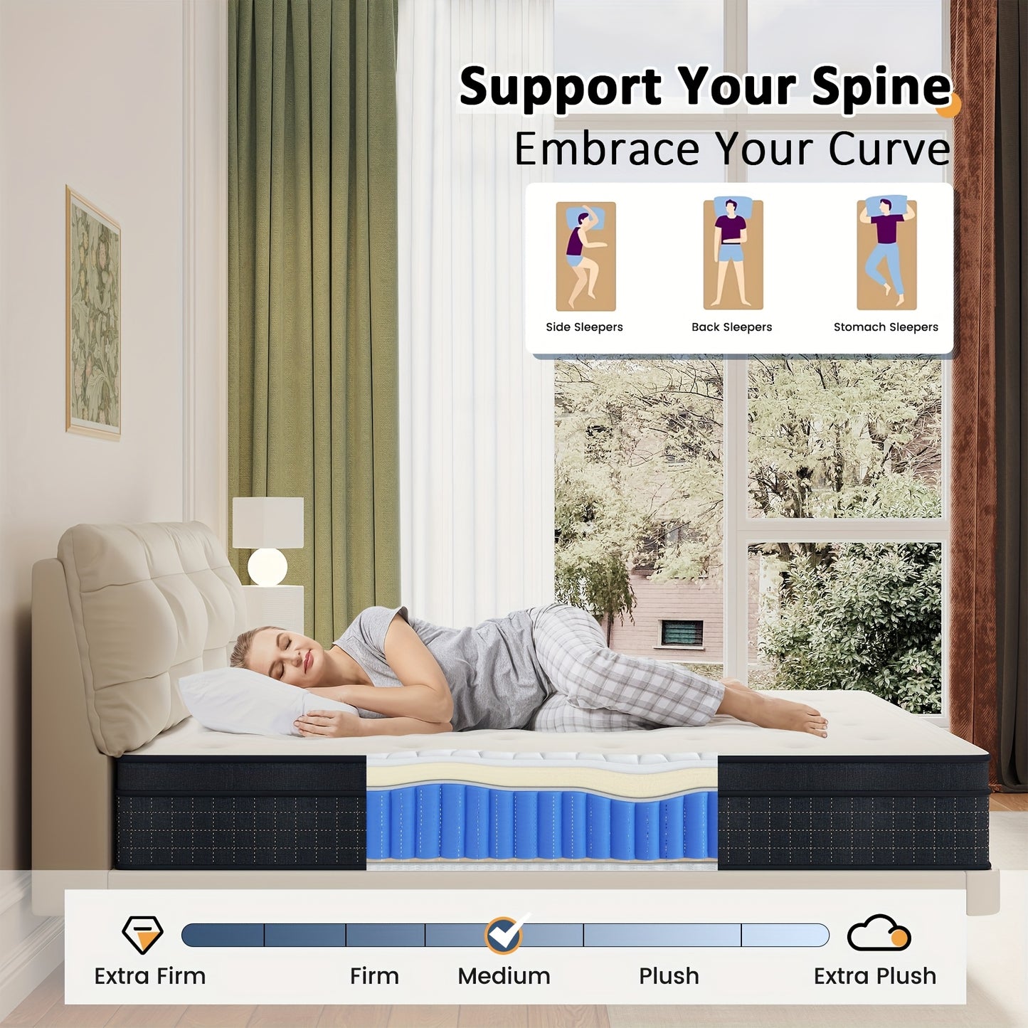 26cm/10.2in) Premium Hybrid Mattress: Individual Pocket Springs & 7-Zone Gel Foam, Medium Firm, Motion Isolation, Blue & White Design