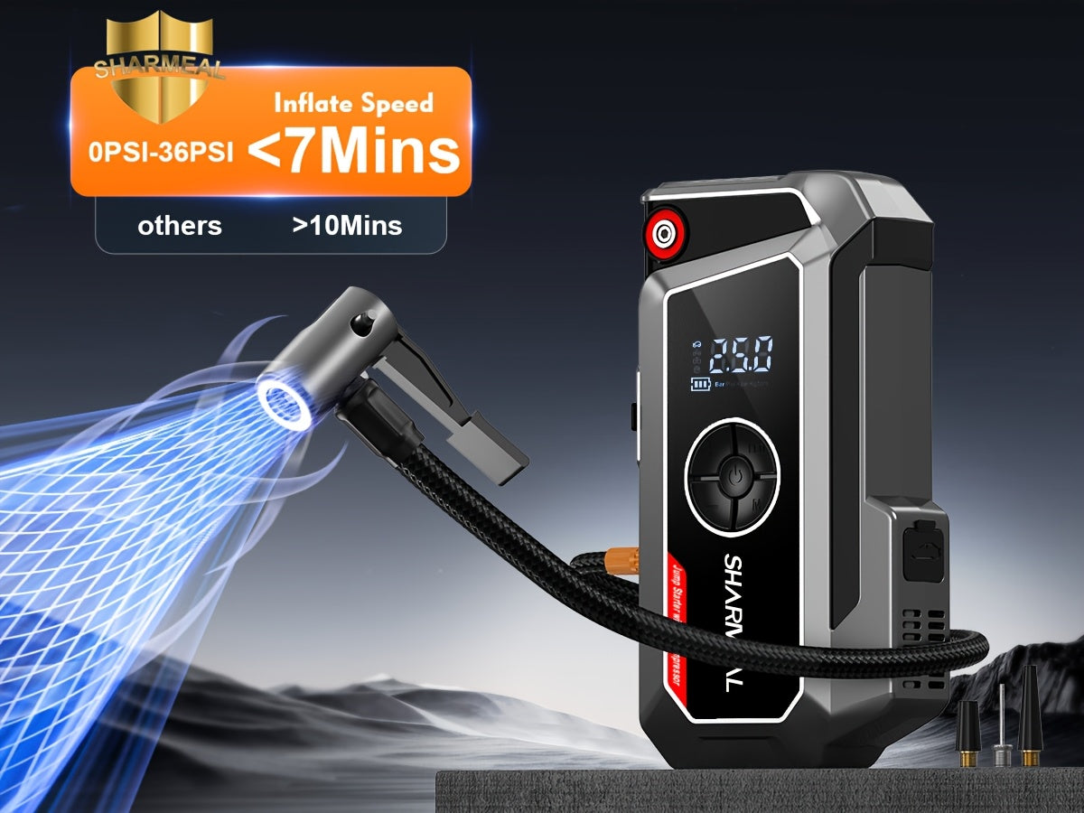 SHARMEAL 9000A/10000A Jump Starter with Air Compressor And Tire Inflator, 12V Power Bank, Battery Jump Pack, Jump Starter for Car Heavy Duty, 9-In-1 Multi-Function Power Pack for 10L Gas/All Diesel, Includes Nozzles And Additions
