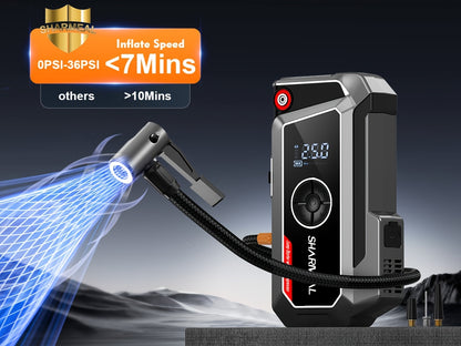 SHARMEAL 9000A/10000A Jump Starter with Air Compressor And Tire Inflator, 12V Power Bank, Battery Jump Pack, Jump Starter for Car Heavy Duty, 9-In-1 Multi-Function Power Pack for 10L Gas/All Diesel, Includes Nozzles And Additions