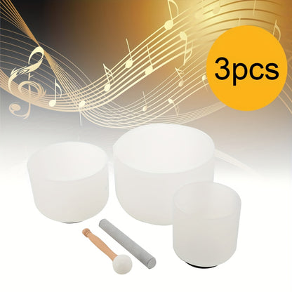White 3pcs Frosted Quartz Crystal Singing Bowls 6/8/10 Inch with Travel Carry Case Bag for Sound Healing And Therapy Meditation