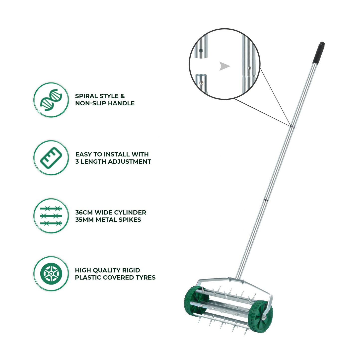 Manual Grass Spikes Roller, Garden Rolling Lawn Aerator with 3pcs Removable Metal Handle, Heavy Duty Outdoor Garden Lawn Tool, Green