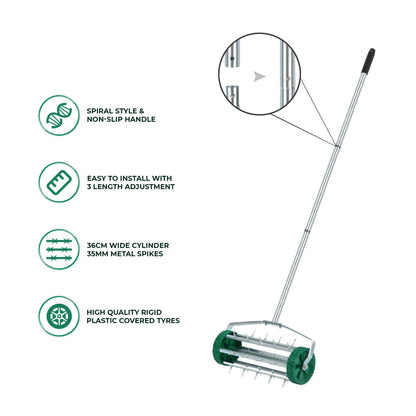 Manual Grass Spikes Roller, Garden Rolling Lawn Aerator with 3pcs Removable Metal Handle, Heavy Duty Outdoor Garden Lawn Tool, Green