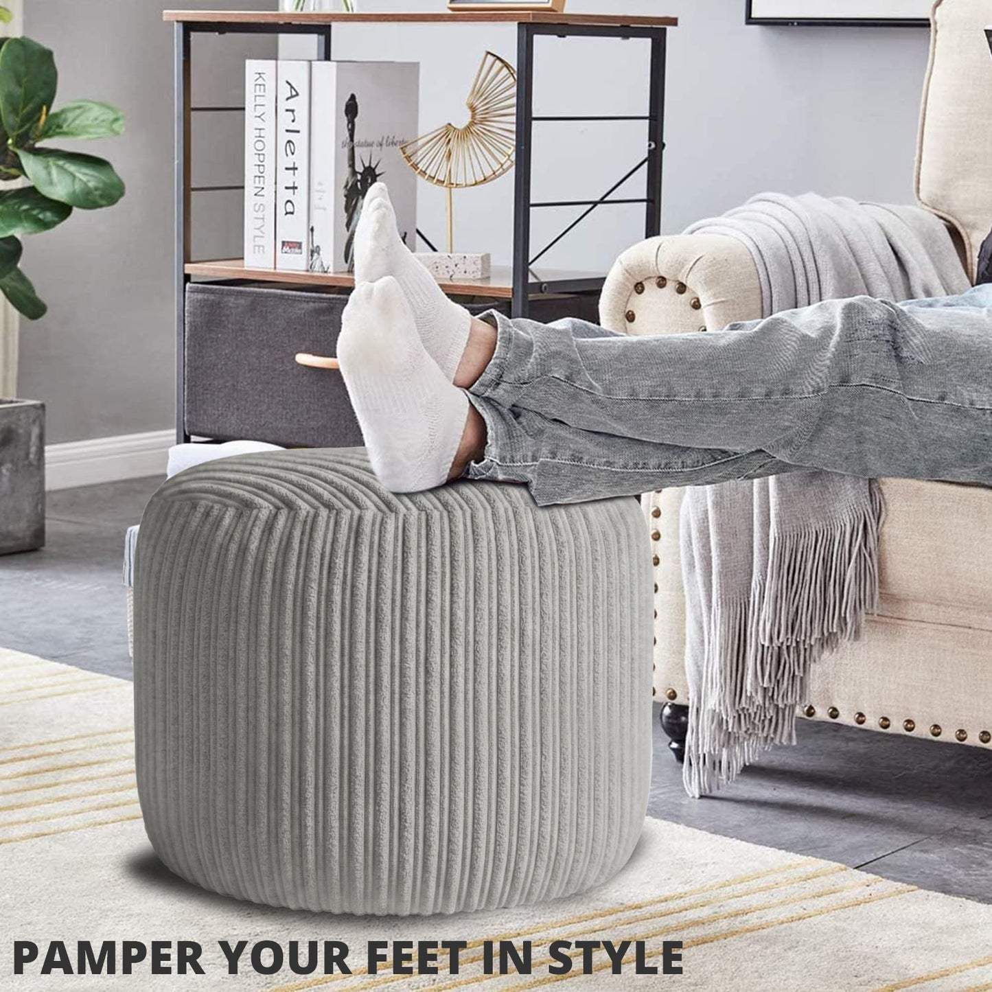 Jumbo Cord Footstool Pouffe, Round Shape Corduroy Bean Bag Ottoman Footrest for Lounge & Bedroom, Durable & Stylish Ergonomic Design