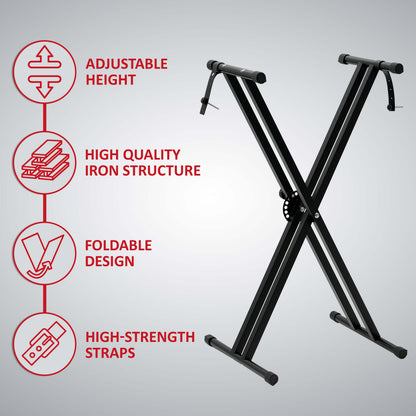 X-Frame Keyboard Stand - Height Adjustable Single/Double Braced for Keyboards, Synthesisers and Digital Pianos - Black
