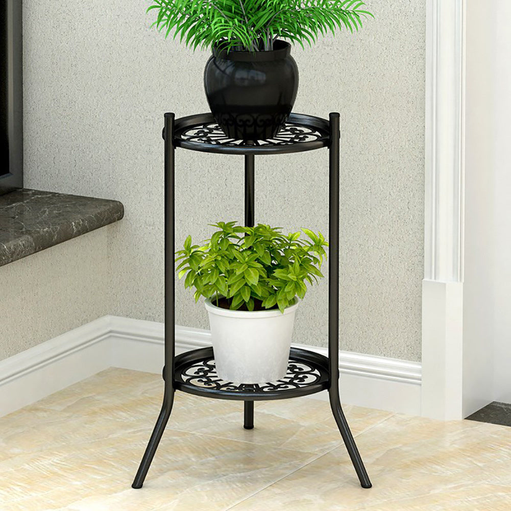 1PC Black Balcony Flowerpot Rack, 2-story Metal Plant Display Rack, Circular Display Base for Office and Living Room, Size 23*23*56cm