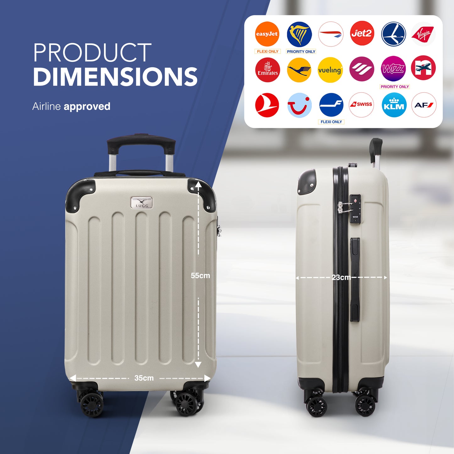 LUGG 55x35x23cm Skywander Lightweight Travel Cabin Bag Carry On Approved Suitcase ABS Shell Protection Water Resistant & Safe Locking System Easyjet Overhead Compliant (20inch)