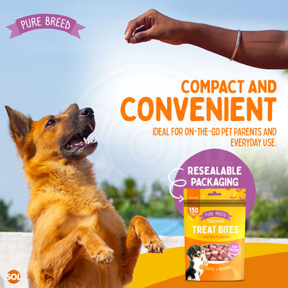 Pure Breed 6 Pack Dog Training Treat Bites 600 g Total | Chicken Flavour Low Calorie Dog Treats | Bite Size Reward Snacks for Training and Everyday Use | Resealable Packs for Freshness