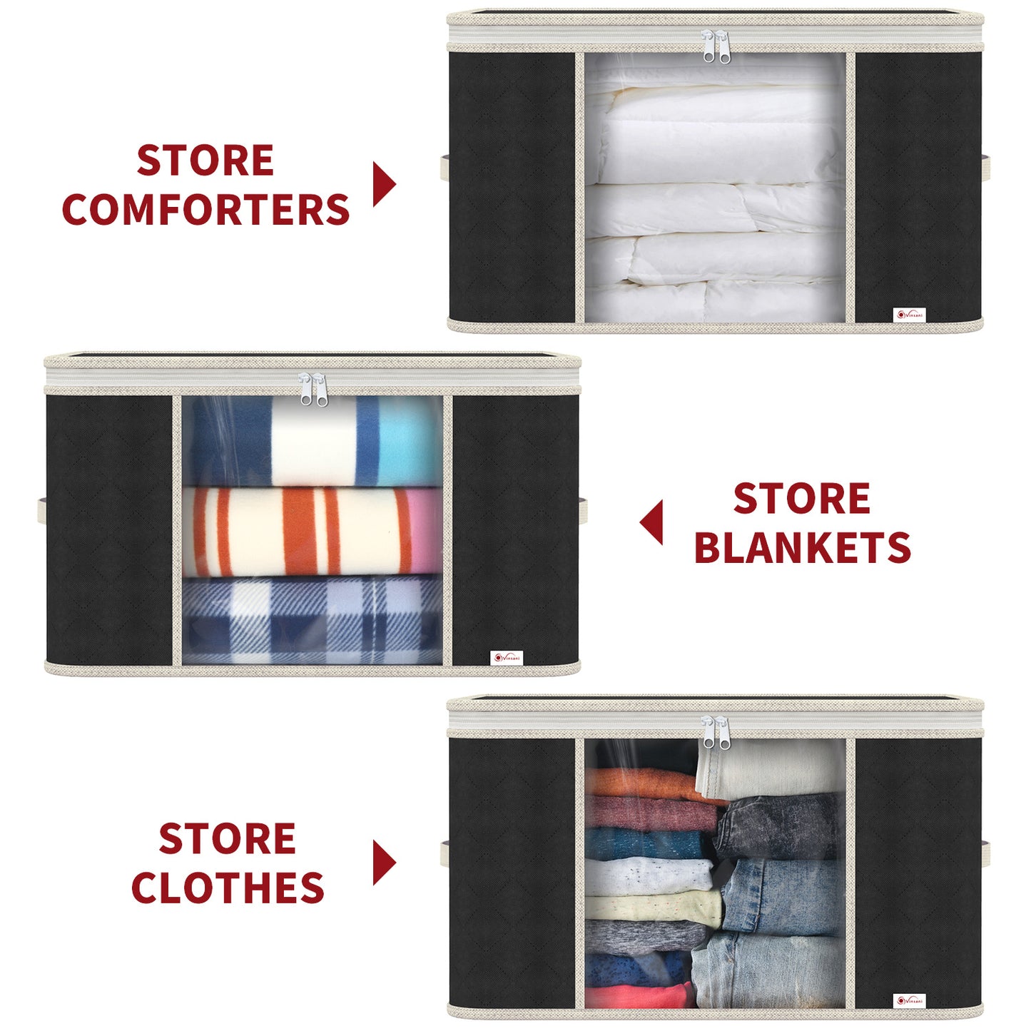 Vinsani 3pcs Deluxe Clothes Storage Bags Organizer Large Capacity Double Zipper, Moisture-Proof Big Clear Windows Perfect Space for Clothes, Beddings, Blankets and Duvet