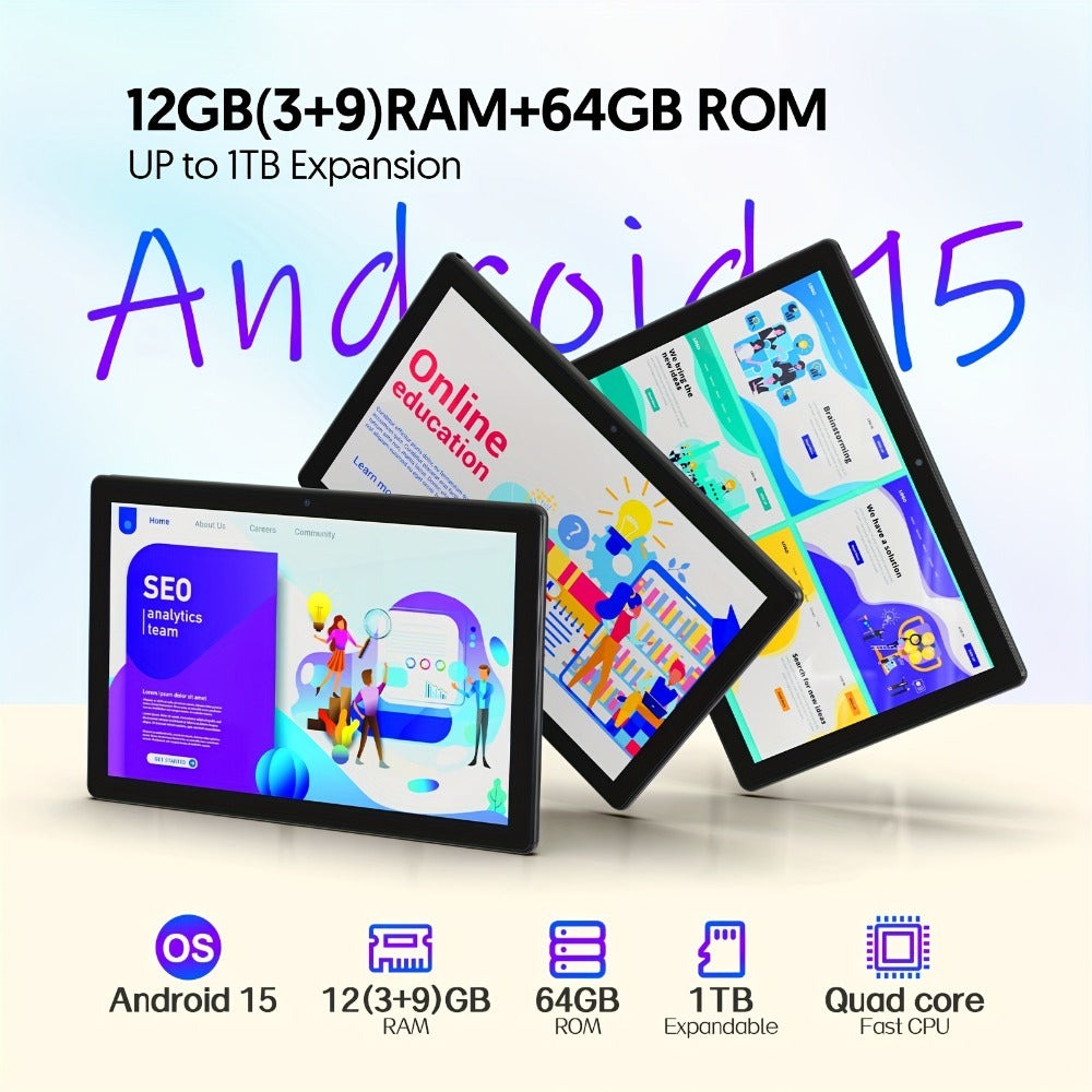 Android 15 Tablet 10 Inch 12GB RAM 64GB ROM 1TB Expansion 6000mAh Battery Dual Camera 5G WiFi HD Touch Screen with Optional Keyboard Mouse Case Stylus