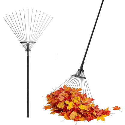 Leaf Rake, 15 Metal Tines, Adjustable Garden Rake with 20-60 cm Wide Head and 81-170 cm Handle, Tool for Removing Leaves in Gardening, Patio, Lawn