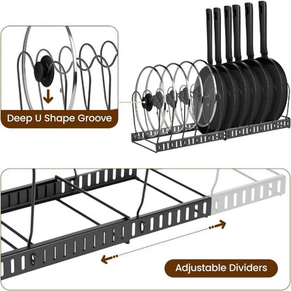 1 Set Pot and Pan Organizer Rack with 10 Adjustable Dividers – Expandable Kitchen Cabinet Storage for Lids, Dishes, Cookware – Bakeware Rack for RV & Home