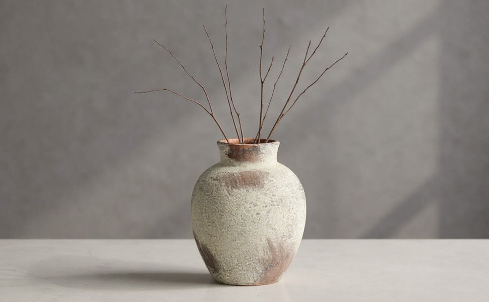 Ceramic Rustic Farmhouse Vase 6 Inch Terracotta Boho Flower Vase Decorative for Dried Flowers Home Decor Living Room Table Shelf Mantel Decoration (D5 x H6 inch)