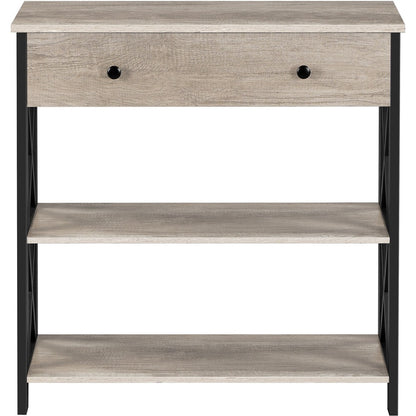 Industrial Console Table with Drawer & 2 Open Shelves | X-Frame Metal Legs Ball-Bearing Slide | Hallway Sofa Side Table | Rustic Brown & Gray | Vintage Style
