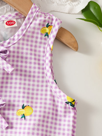 2pcs Set. Girls' Vest And Shorts Outfit, Lemon Print, Contrast Plaid Pattern, Bow Detail, Ruffled Hem. Summer Casual Outfit for Girls. Ideal Gift for 1-8 Year Olds. Suitable for Outdoor Wear