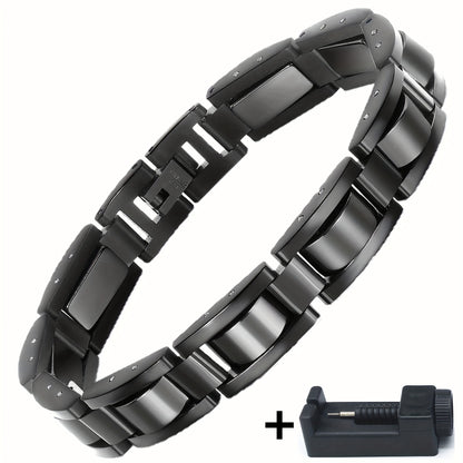 304 Stainless Steel Men's Bracelet, Black Electroplated Unique Design - Perfect Holiday Anniversary Gift for Father and Elders on Christmas. Includes Removal Tool; Suitable Also as a Women’s/Unisex Accessory, Christmas Present, Modern Jewelry, Stylish Bra