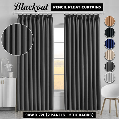 2pcs Premium Blackout Pencil Pleat Curtains – Heavy Duty Thermal Insulated Window Drapes with Matching Ties, Noise Reducing, Energy Saving & UV Blocking, Perfect for Bedroom & Living Room