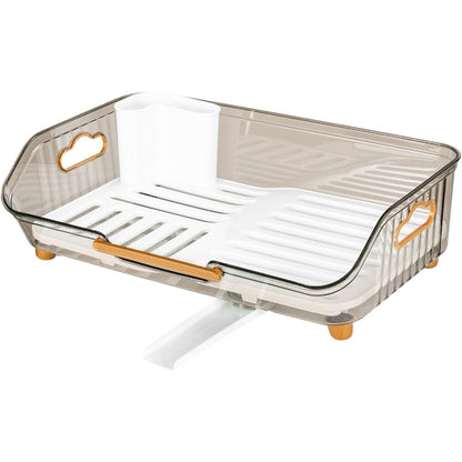 1pc Dish Drying Rack with Handle & Drainboard - Space-Saving Compact Design with Utensil Holder, Durable Plastic Construction, Easy to Clean & Move - Over Sink or Countertop Use for Small Kitchens, Apartments, RVs - Modern White & Golden Kitchen Organizer
