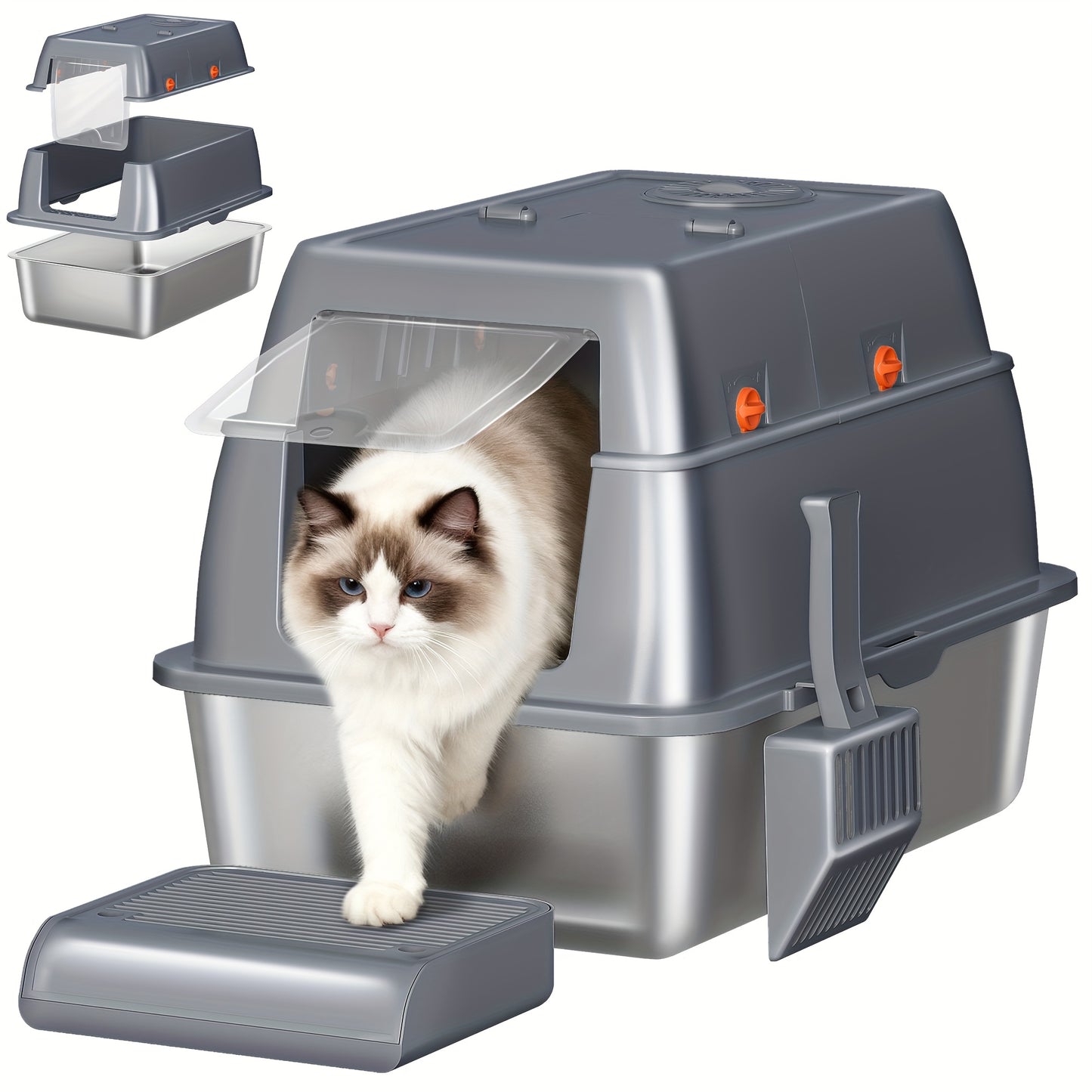 Stainless Steel Litter Tray with Lid, Enclosed Litter Box, Hinged Lid for Easy Cleaning, Includes Pedal And Scoop, Modular Design, 61L X 41W X 40H Cm, Light Grey