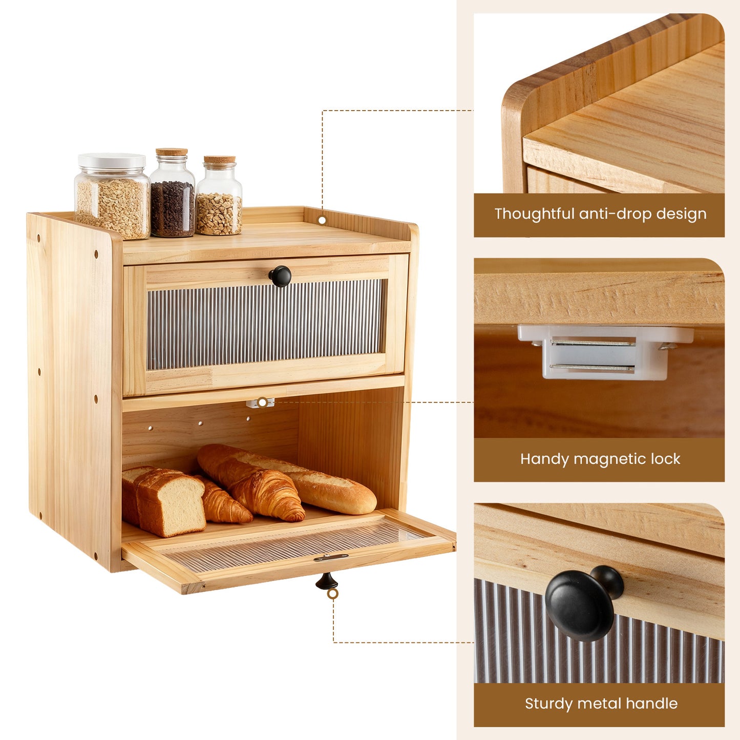Double Layer Bread Box for Kitchen Counter, 2 Decker Large Wooden Bread Bin, Corner Bread Storage Container with Acrylic Windows, Dry Food Container with Air Vents to Keep Fresh, Self Assembly