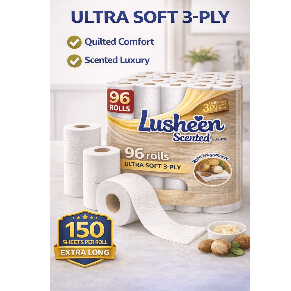 96 Rolls Toilet Tissue 3-Ply Extra Long 150 Sheets – Soft, Strong & Quilted Bulk Loo Roll Pack for Families, Offices & High-Use Homes, Light Fresh Scent