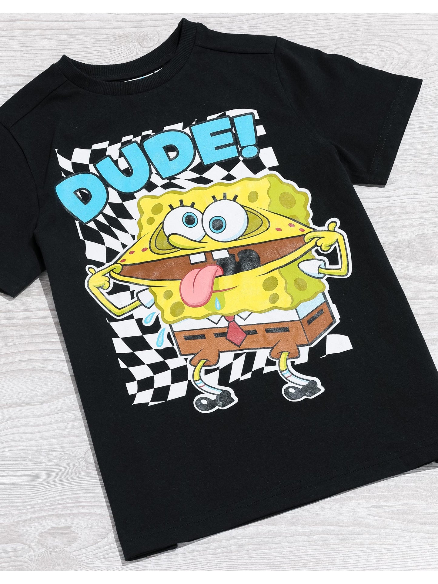SpongeBob SquarePants Boys Black Short-Sleeved Graphic Tee | Dude! SpongeBob Placement Print T-Shirt | Kids Cartoon Apparel | Nickelodeon SpongeBob Dude Top for Children & Teens