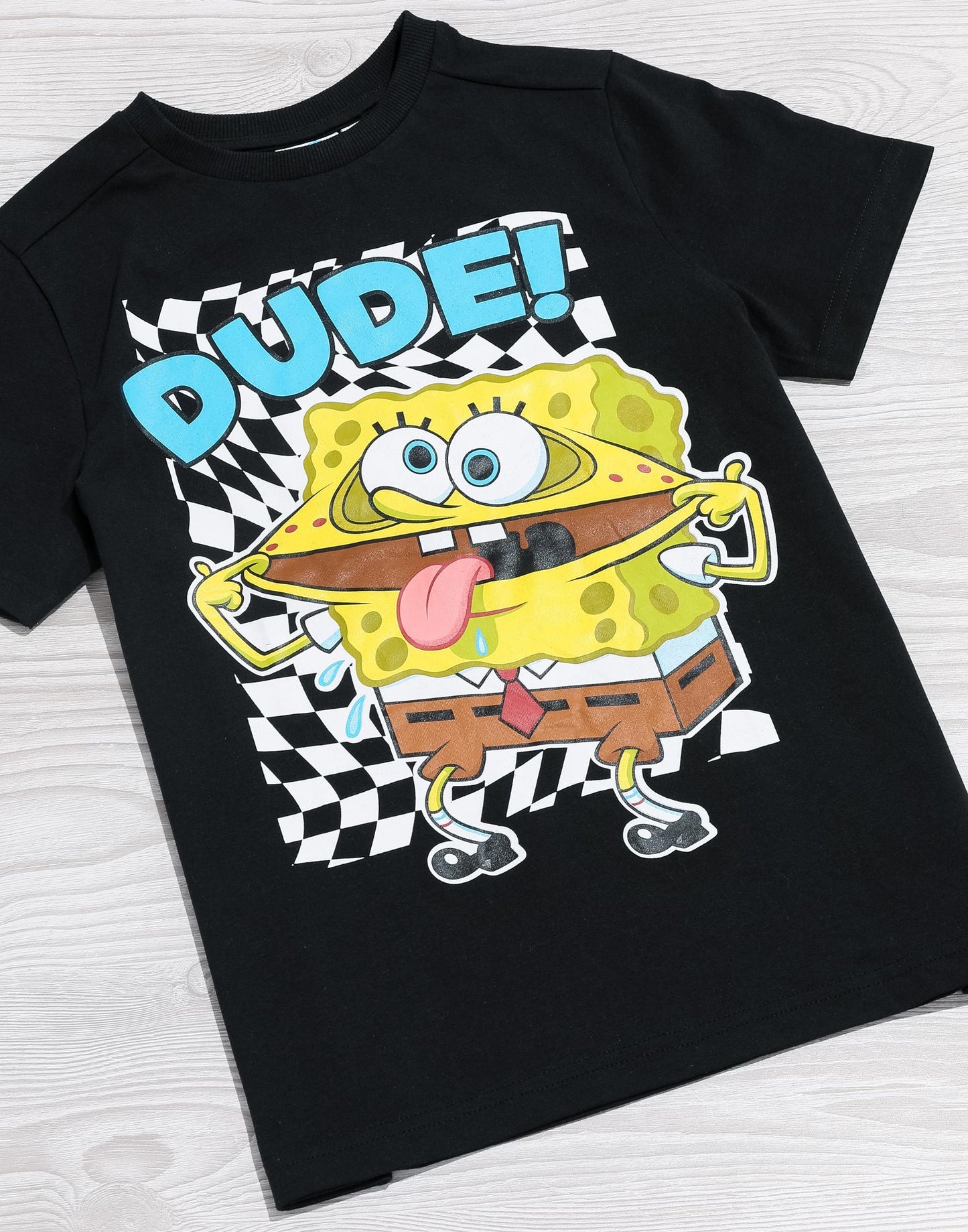 SpongeBob SquarePants Boys Black Short-Sleeved Graphic Tee | Dude! SpongeBob Placement Print T-Shirt | Kids Cartoon Apparel | Nickelodeon SpongeBob Dude Top for Children & Teens
