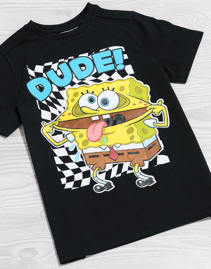 SpongeBob SquarePants Boys Black Short-Sleeved Graphic Tee | Dude! SpongeBob Placement Print T-Shirt | Kids Cartoon Apparel | Nickelodeon SpongeBob Dude Top for Children & Teens