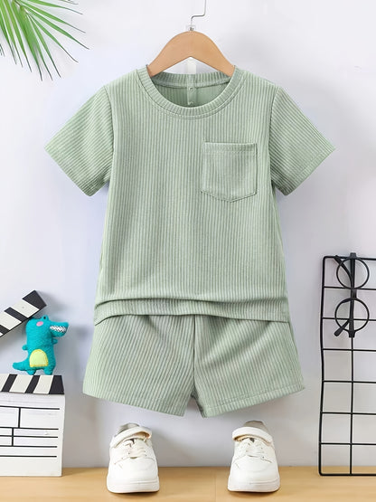 Boys' Summer New Round Neck Short Sleeve Shorts with Pockets 2pcs Set Fashion Casual Easy Suitable for Outdoor Wear