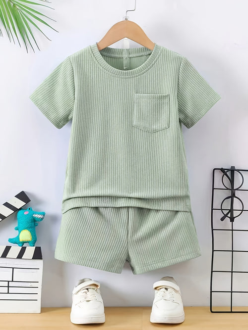 Boys' Summer New Round Neck Short Sleeve Shorts with Pockets 2pcs Set Fashion Casual Easy Suitable for Outdoor Wear