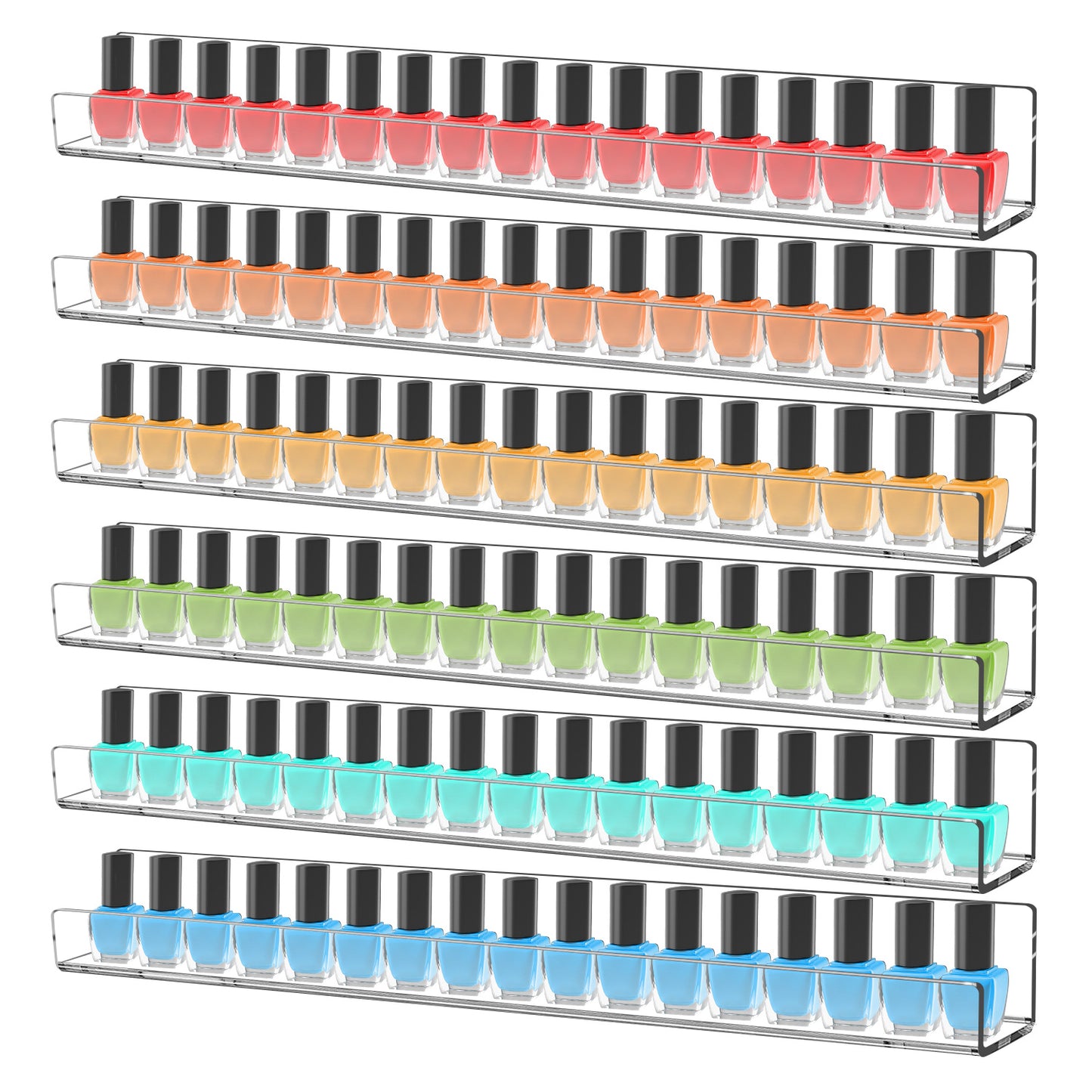 6-Pack Acrylic Nail Polish Organizer - 15" Wall Mounted Display Rack Holds 90 Bottles, Clear Floating Shelf for Makeup, Lipstick & Kids Books Storage (White)