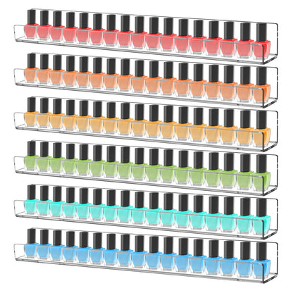 6-Pack Acrylic Nail Polish Organizer - 15" Wall Mounted Display Rack Holds 90 Bottles, Clear Floating Shelf for Makeup, Lipstick & Kids Books Storage (White)