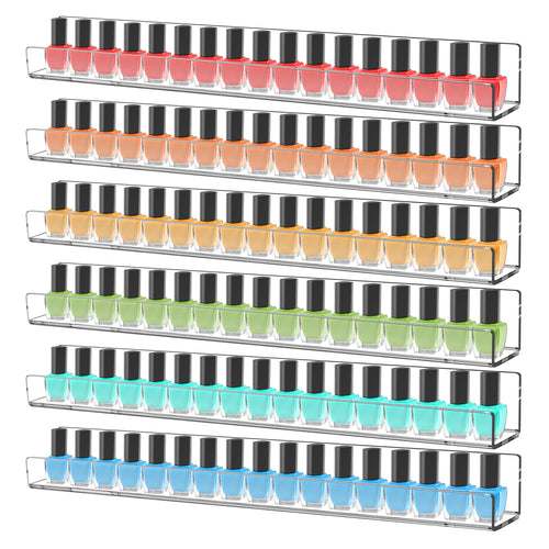 6-Pack Acrylic Nail Polish Organizer - 15" Wall Mounted Display Rack Holds 90 Bottles, Clear Floating Shelf for Makeup, Lipstick & Kids Books Storage (White)