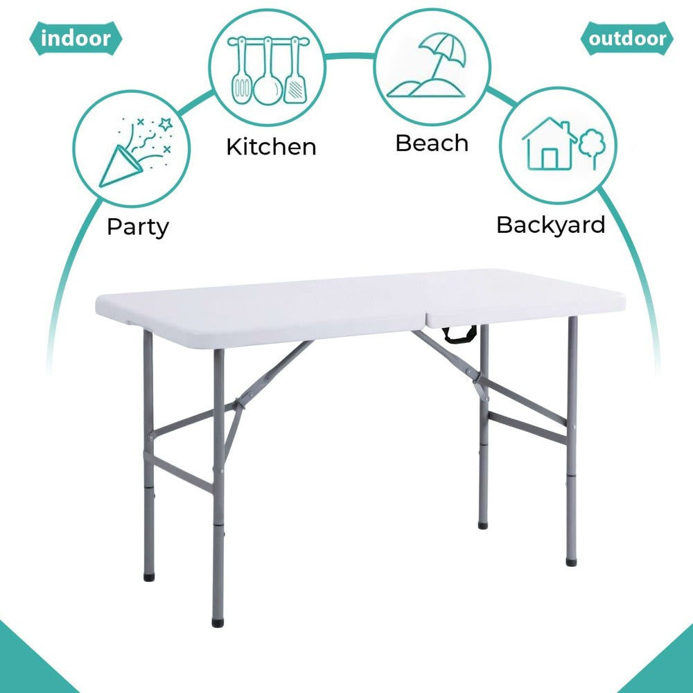 Folding Table 4ft Portable Garden Dining Catering Trestle Table Heavy Duty HDPE Top Steel Frame Indoor Outdoor Picnic BBQ Party White UK