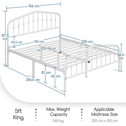 Costoffs Metal Bed Frame, Metal Bed Base, Farmhouse Metal Bed Frame, Modern Metal Bed with Crown-Inspired Design Headboard, Heavy-Duty Slat Support, Spacious Underbed Storage, No Box Spring Needed, Double/King, Black/White