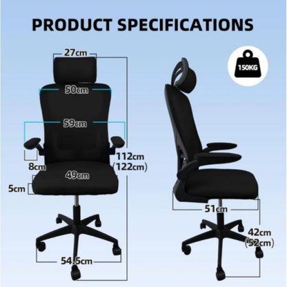 Ergonomic Mesh Office Chair with Adjustable Lumbar Support, Headrest & Flip-Up Armrests – Breathable High-Back Desk Chair for Home Office, Supports up to 150kg, Black