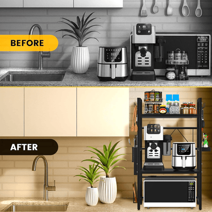 Unique Impression Extendable 3-Tier Microwave Rack - 2 Shelves Microwave Stand for Kitchen Counter - Hot Air Fryer, Toaster and Coffee Machine Rack