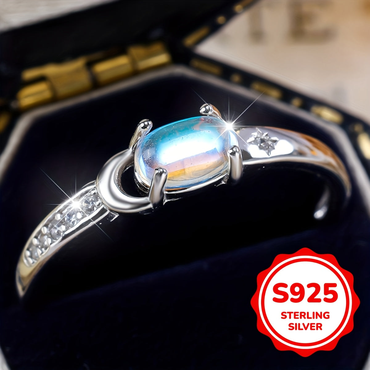 Pure Silvery S925 Moonstone Star and Moon Matching Ring for Women, Suitable for Engagement Banquet Jewelry 1.6g, Gift for Eld, Gift for Ramadan