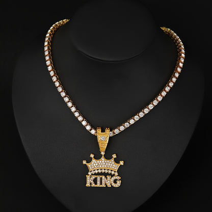 Men'S -Studded Crown Pendant Hip-Hop KING Letter Pendant Jewelry Street Trendy Cool Thick Cuban Necklace 1pc
