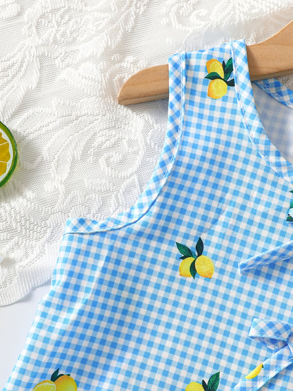 2pcs Set. Girls' Vest And Shorts Outfit, Lemon Print, Contrast Plaid Pattern, Bow Detail, Ruffled Hem. Summer Casual Outfit for Girls. Ideal Gift for 1-8 Year Olds. Suitable for Outdoor Wear