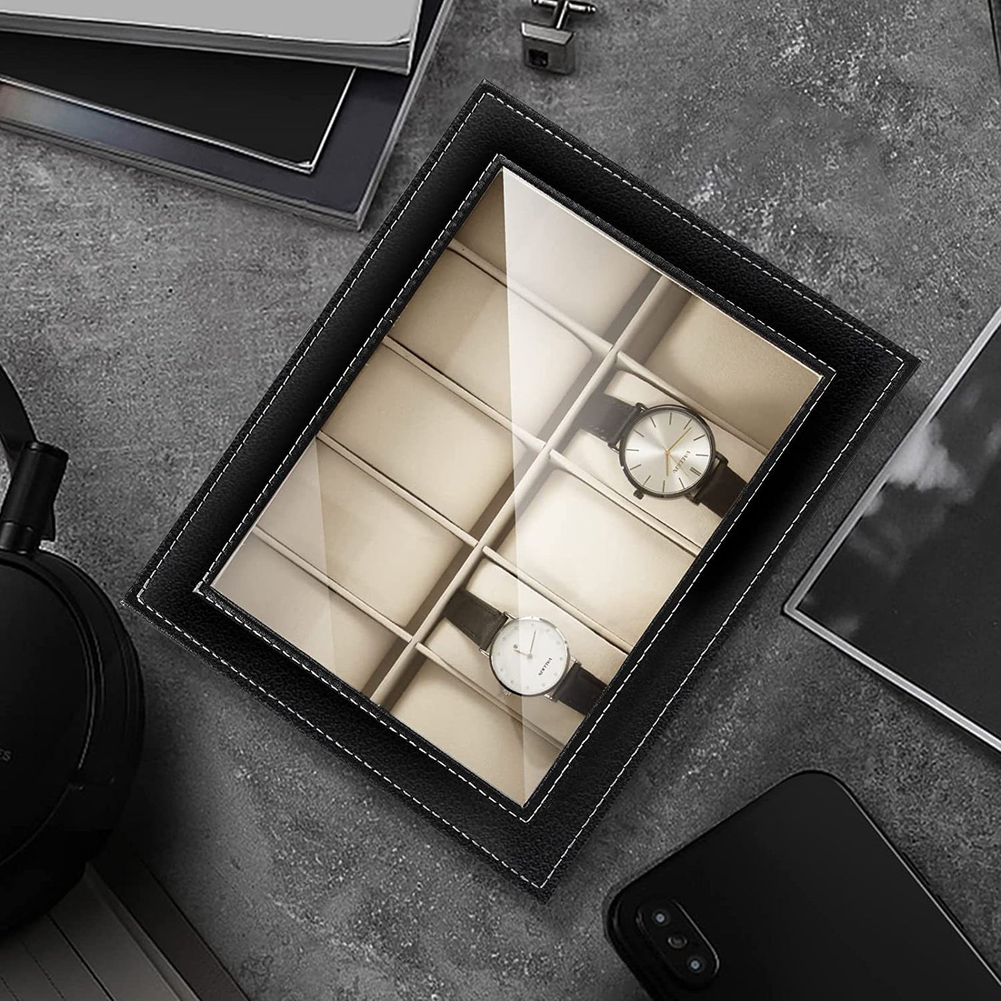 Uten Watch Box 10 Slots, Watch Case with Glass Lid, Watch Display Storage Box for Men and Women, Removable Watch Pillows, PU leather